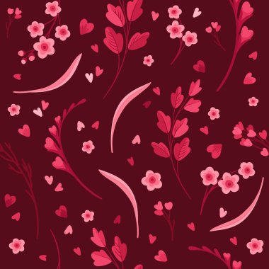 Magenta Çiçeksiz Düzen. Çiçekler, Kırmızı ve Pembe Yapraklar ve Kalpler. Vektör Dijital Duvar Kağıdı. Karanlık Arkaplan Albüm Kağıdı