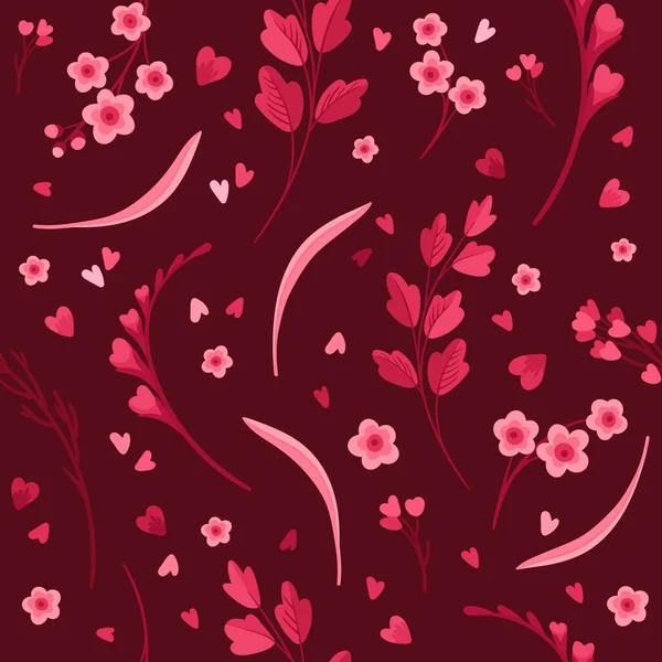 Magenta Floral Seamless Pattern Blooming Flowers Red Pink Leaves Hearts — Stock Vector
