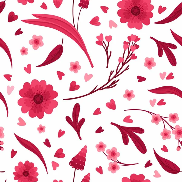 Magenta Floral Seamless Pattern Blooming Flowers Red Pink Leaves Hearts — Wektor stockowy