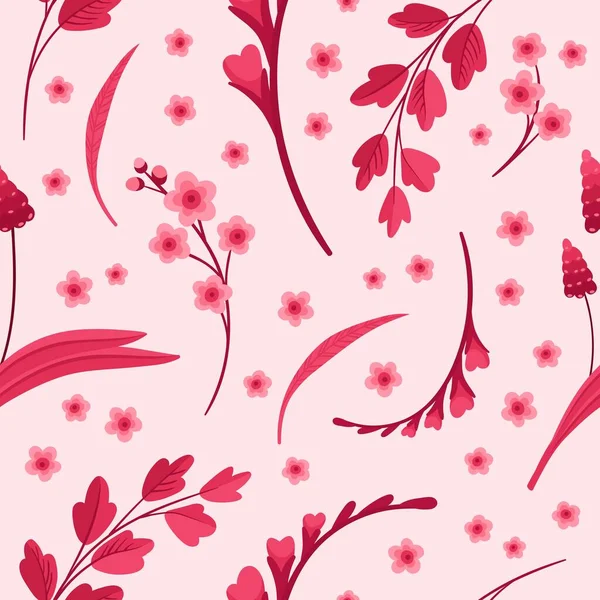 Magenta Floral Seamless Pattern Blooming Flowers Red Pink Leaves Hearts — Wektor stockowy