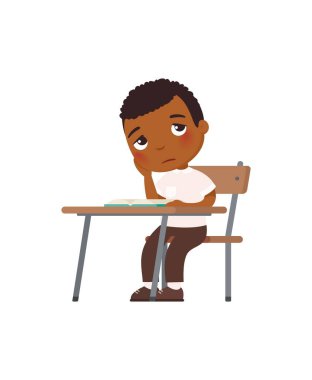Koyu tenli, düşünceli, yorgun yüzlü, okul masasında oturan küçük bir çocuk. Duygu anlayışı, can sıkıntısı, düşüncelilik, dalgınlık ya da yorgunluk.