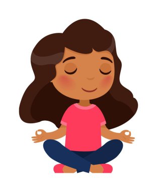 Lotus pozisyonunda oturan koyu tenli küçük kız.
