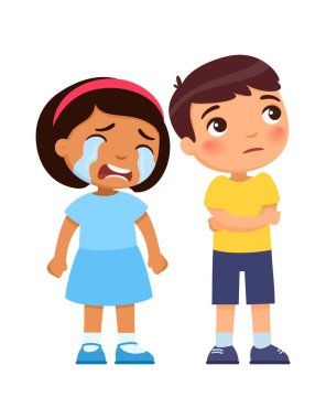 Küçük kız ağlıyor, yanaklarından gözyaşları akıyor. Küçük çocuk onun yanında duruyor, kolları göğsünde çapraz, başka tarafa bakıyor. Kayıtsızlık kavramı
