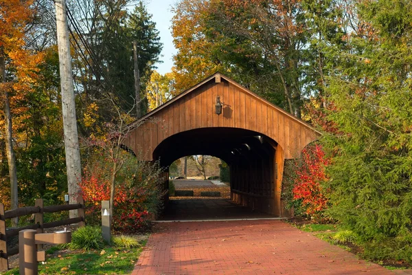 View Old Covered Bridge Pedestrians Only Stands Edge Popular Park — Stock Photo, Image
