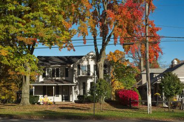 Burton, OH, ABD - 24 Ekim 2023: Eski ve tuhaf bir ev, sonbahar aylarında parlak renkler ve kırsal cazibeyle köy halkının karşısına çıkıyor.