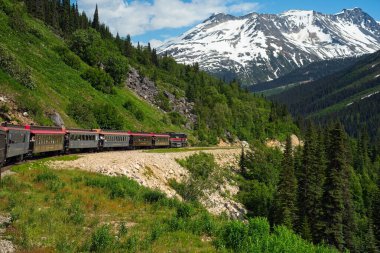 Skagway, AK, ABD - 25 Haziran 2024: Beyaz Geçit 'te bir yolcu treni ve Yukon Route demiryolu, yüksek dağ ve orman yamaçlarının ortasındaki geçidin tepesinden aşağı iniyor.