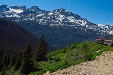 Alaska 'nın Beyaz Geçidi' nden yükselen ve tepelerinde karlı tepeler olan yolcu treni Klondike Karayolu vadinin uzak tarafında merkezin hemen altında görülebilmektedir..