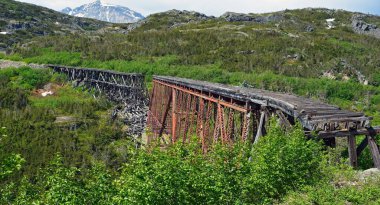 Skagway, Alaska yakınlarındaki White Pass ve Yukon Route demiryollarında kısmen çökmüş terk edilmiş bir demiryolu köprüsü.
