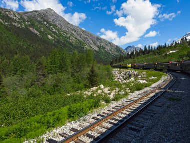 Alaska 'nın Beyaz Geçidi' nden geçen iki tren ve Skagway yakınlarındaki Yukon Route demiryolu.