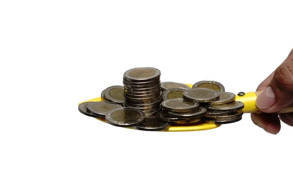 Beyaz arka planda izole para yığınları, iş yatırım konsepti, para-finans-gelir konsepti