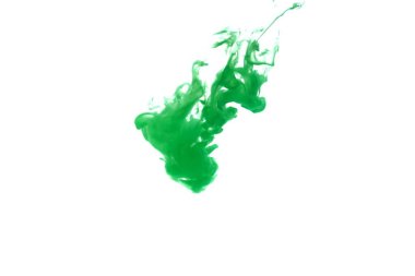 Beyaz arka planda yeşil boya erir, soyut duman deseni, renkli sıvı boya, sıçrama boyası