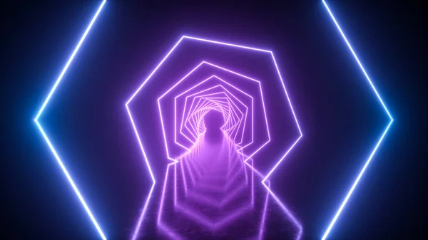 Неоновий Тунель Плавним Переходом Від Синього Рожевого Відображенням Підлозі Віртуальний — стокове фото