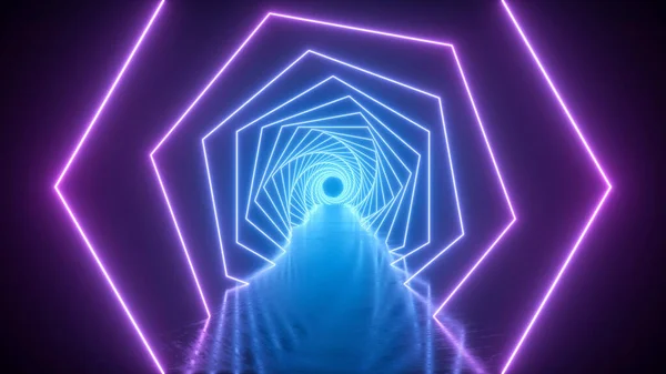 从蓝色顺利过渡到粉色并在地面反射的霓虹灯隧道 虚拟走廊 3D说明 — 图库照片