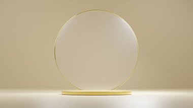 Ortasında altın kemerli, içinde cam olan bir podyum var. 3 boyutlu illüstrasyon.