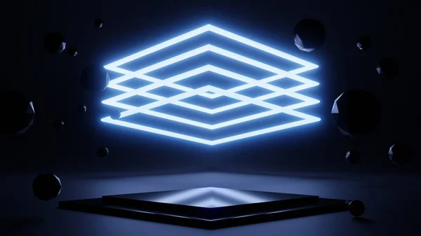 Sötét Szoba Központban Egy Pódium Léggömbökkel Oldalán Szögletes Neon Panelek — Stock Fotó