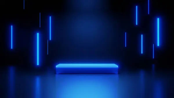 蓝色的黑暗房间 中心是一个霓虹灯讲台 两边都有霓虹灯 3D画图 — 图库照片