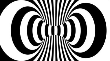 Soyut hipnotik siyah-beyaz üç boyutlu geometrik çizgili optik yanılsama tüneli. 4k Evolving op art motion grafikleri döngüleme arkaplanı