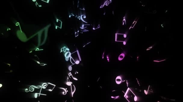 五彩缤纷的音乐配音动画在黑色 4K运动设计环路的背景上飘扬 — 图库视频影像