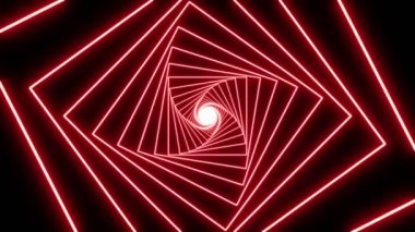 Soyut 3d parlayan neon kırmızı kareler spiral arkaplan. Minimum hareket tasarımı neon lambalar optik illüzyon tüneli 4k kusursuz döngü animasyonu.