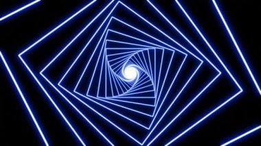 Soyut 3d parlayan neon mavisi kareler spiral zemin. Minimum hareket tasarımı neon lambalar optik illüzyon tüneli 4k kusursuz döngü animasyonu.