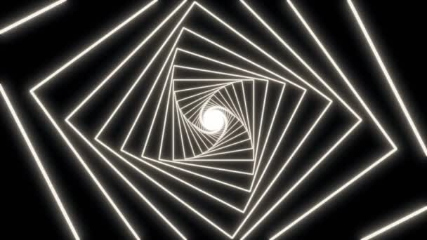 抽象3D輝くネオン白の正方形のスパイラルの背景 最小モーションデザインネオンランプ光錯覚トンネル4Kシームレスにループアニメーション — ストック動画