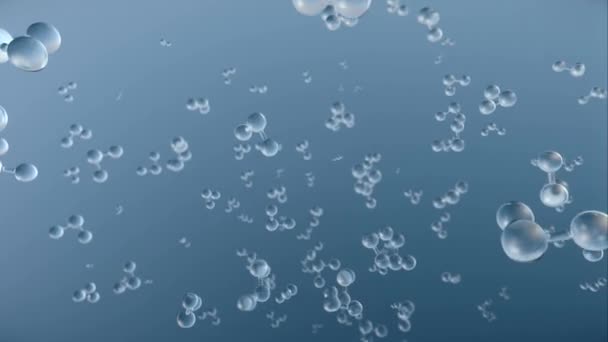 水のH2O分子や原子を回転させます 科学や医学的背景のための抽象構造 化学モデル結合原子の概念 澄んだ青い水の粒子 3Dレンダリングループアニメーション — ストック動画