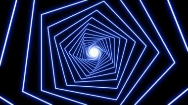 Soyut 3d parlayan neon mavisi çokgenler spiral arka plan. Minimum hareket tasarımı neon lambalar optik illüzyon tüneli 4k kusursuz döngü animasyonu.