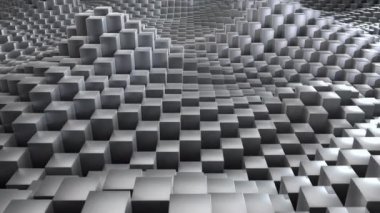 Gri metal küplerden oluşan 3D dinamik manzara, kare blokların rastgele hareket mozaiğinin 4k animasyonu, teknolojik zemin, kusursuz döngü