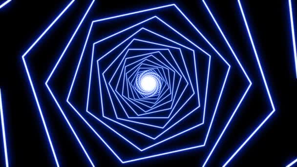 概要3次元の輝くネオンブルーの六角形の螺旋状の背景 最小モーションデザインネオンランプ光錯覚トンネル4Kシームレスにループアニメーション — ストック動画