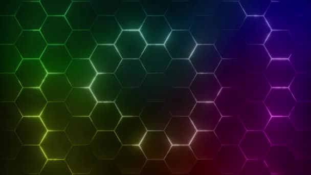 未来的な六角形ハニカム サイバースペース表面 4K抽象トレンド テクノロジー バックグラウンド 光る多色ネオン ライトの動く波 ループアニメーション ロイヤリティフリーストック映像