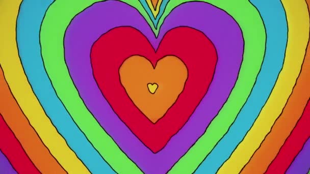 Vintage Vibe Hand Drawn Concentric Psychedelic Colorful Hearts Background Vibrant — Stock Video