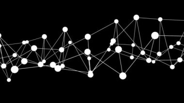 AI, Makine Öğrenme ve Büyük Veri Ağlarının Düz Stil 3D Döngüleme Animasyonu: Siyah Arkaplan üzerinde Dijital Çizgiler ile Birbirine bağlı Soyut Beyaz Veri Noktaları ve Çokgen Düğümler