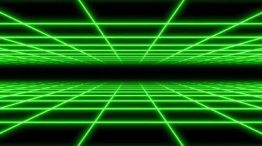 4K Double Parallax Retro Soyut VJ Motion Background Loop 1980 'lerden esinlenilmiştir: Parlayan Yeşil Neon Square Grid' in Sonsuz Uçuşu, Neon Perspektifli Retrowave Cyberpunk Arkaplanı