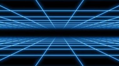 4K Double Parallax Retro Soyut VJ Motion Background Loop 1980 'lerden esinlenilmiştir: Parlayan Mavi Neon Square Grid üzerindeki Sonsuz Uçuş, Neon Perspektifli Retrowave Cyberpunk Arkaplanı