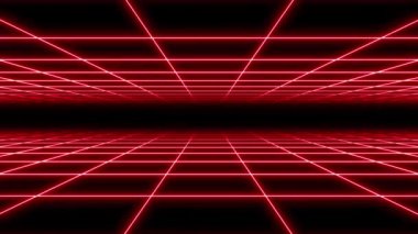 4K Double Parallax Retro Soyut VJ Motion Background Loop 1980 'lerden esinlenilmiştir: Parlayan Kırmızı Neon Meydan Şebekesi üzerindeki Sonsuz Uçuş, Neon Perspektifli Retrowave Cyberpunk Arkaplanı
