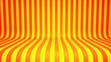 Çizgili şeker sarısı stüdyo sahne arkası. 4k kusursuz döngü. Optik sarı ve turuncu çizgiler 3D canlandırma canlandırması