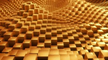 4K Dinamik 3D Sarı Küp Dalgaları: Dikey Hareket Animasyonu Tepeler ve Vadiler Oluşturuyor, Tasarım, Teknoloji ve Görsel Efektler İçin Soyut Geometrik Arkaplan, Yüksek Çözünürlüksüz Döngü