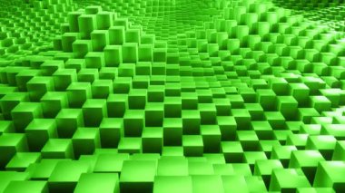 4K Dinamik 3D Yeşil Küp Dalgaları: Dikey Hareket Animasyonu Tepeler ve Vadiler Oluşturuyor, Tasarım, Teknoloji ve Görsel Efektler İçin Soyut Geometrik Arkaplan