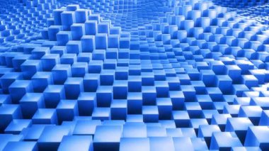 4K Dinamik 3D Mavi Küp Dalgaları: Dikey Hareket Animasyonu Tepeler ve Vadiler Oluşturuyor, Tasarım, Teknoloji ve Görsel Efektler İçin Soyut Geometrik Arkaplan, Yüksek Çözünürlüksüz Döngü