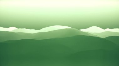 4K 3D Animasyon Dağ Manzarası - Pürüzsüz Yatay Kamera Pan, Derinlikli Serene Yeşil Tepeler, Sisteki İnanılmaz Tepeler, Bulutlardaki Yaratıcı Geniş Tepeler, Modern Gradyan Özeti, Doğa Görselleri için İdeal, Düz Şekil Grafik Arkaplan