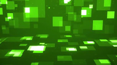 4K Yeşil Döngülü Parlayan Kareler ve Dikdörtgenler ile Dijital Animasyon Dikey ve Geleceğsel Şablon Teknolojisi, Veri, Bilimkurgu İlham Alınan Arkaplanda İzleyiciye Doğru