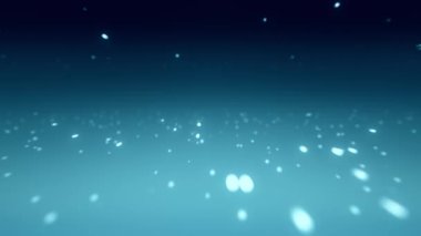 Yüzen parçacıkların dinamik perspektifi kameraya doğru yavaşça aydınlatılmış, sisli mavi gradyan bir ortamda hareket ve derinlik hissi yaratıyor, 4K kusursuz döngü