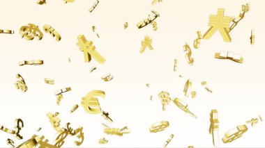 Altın 3D Para Birimi Sembolleri Bir Gradyan Işık Arkaplanda Yüzer ve Döner, Dinamik Finansal Simgeler ve Yumuşak Hareket Efektleri ile 4K Döngü Forex Finans Animasyonu