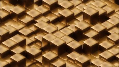 4k Altın Küp Animasyonu, Rastgele Hareketli Bloklar Dinamik Metalik Yansımalarla Düzensiz bir Yüzey Oluşturma, 3d Döngüleme Arkaplanı