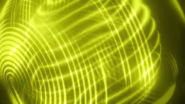 Parlak Dönen Sarı Işık Halkaları, Konsantrik Dönen Çizgileri ve Teknoloji veya Bilim-Kurgu Arkaplanı Dijital Parçacık Akışı, Kusursuz Döngüsüz Döndürme Animasyonu olan 4K Fütürist 3D Sahne