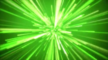 4K 'da parlayan ışık çizgileriyle Yeşil Uzay Warp' ına giren kamera, fütüristik bilim kurgu tünelinde hızlı seyahat, derin uzay animasyonunda neon ışınlarının dinamik patlaması.