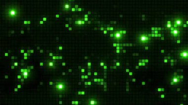 Parlak Yeşil Pixel Izgara Arkaplanı, Soyut Dijital Veri Aktarımı ve Karanlık Geleceğsel Ekranda Bilgisayar Ağı Görselleştirmesi, Rastgele Teknolojik Matris Animasyonu, 4K Döngüleme