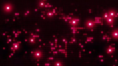 Parlayan Kırmızı Pixel Izgara Arkaplanı, Soyut Dijital Veri Aktarımı ve Karanlık Gelecek Ekranında Bilgisayar Ağı Görselleştirmesi, Geliştirilmiş Teknoloji Matriks Animasyonu, 4K Döngüleme
