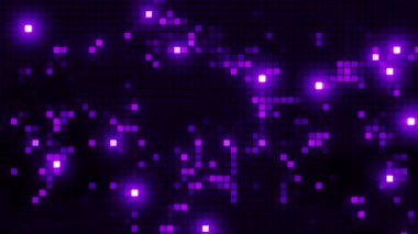 Parlak Mor Pixel Izgara Arkaplanı, Soyut Dijital Veri Aktarımı ve Karanlık Geleceğsel Ekranda Bilgisayar Ağı Görselleştirmesi, Rastgele Teknolojik Matris Animasyonu, 4K Döngüleme