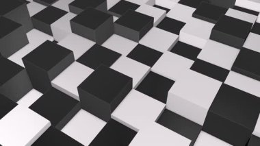 Soyut Geometrik Desende Yükselen ve Düşen Siyah ve Beyaz Küplerin 3D Animasyonu, Fütürist Minimalist Arkaplan, Kusursuz 4K Döngüsü